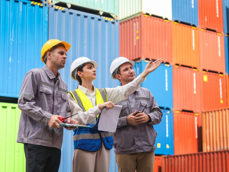Construction team reviewing materials at a job site covered by inland marine insurance
