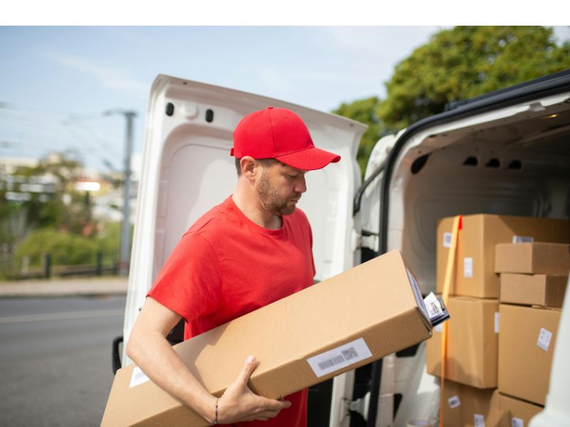 Delivery driver loading packages into a business vehicle covered by commercial auto insurance